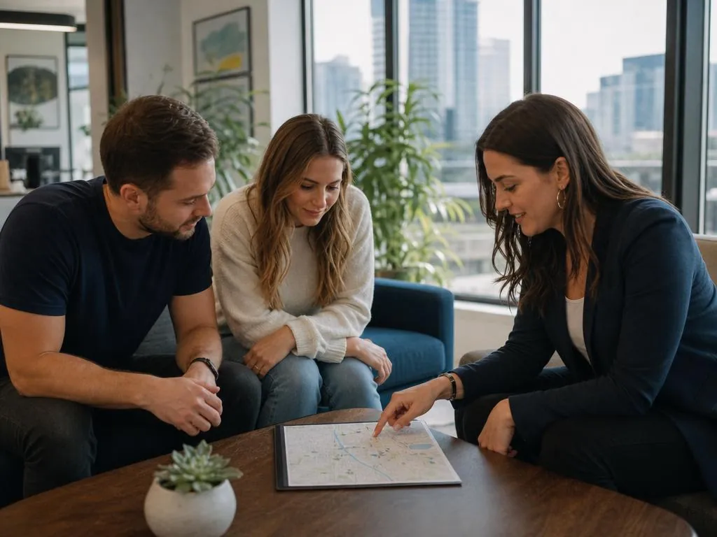 Locator reviewing neighborhood maps with clients