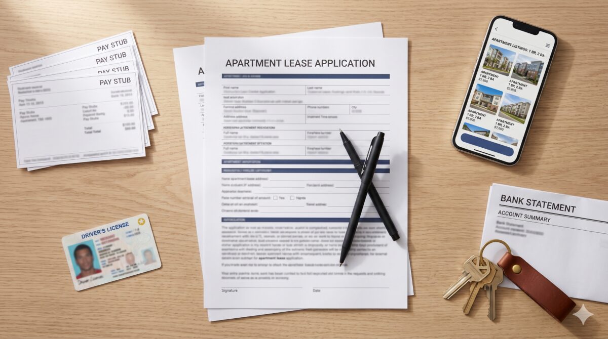 A landlord reviewing an applicant's credit report, income documents, and rental history.