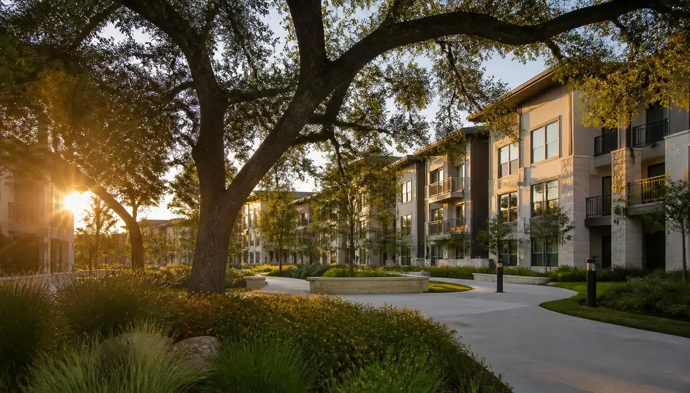 Apartment community in Leander, TX at golden hour