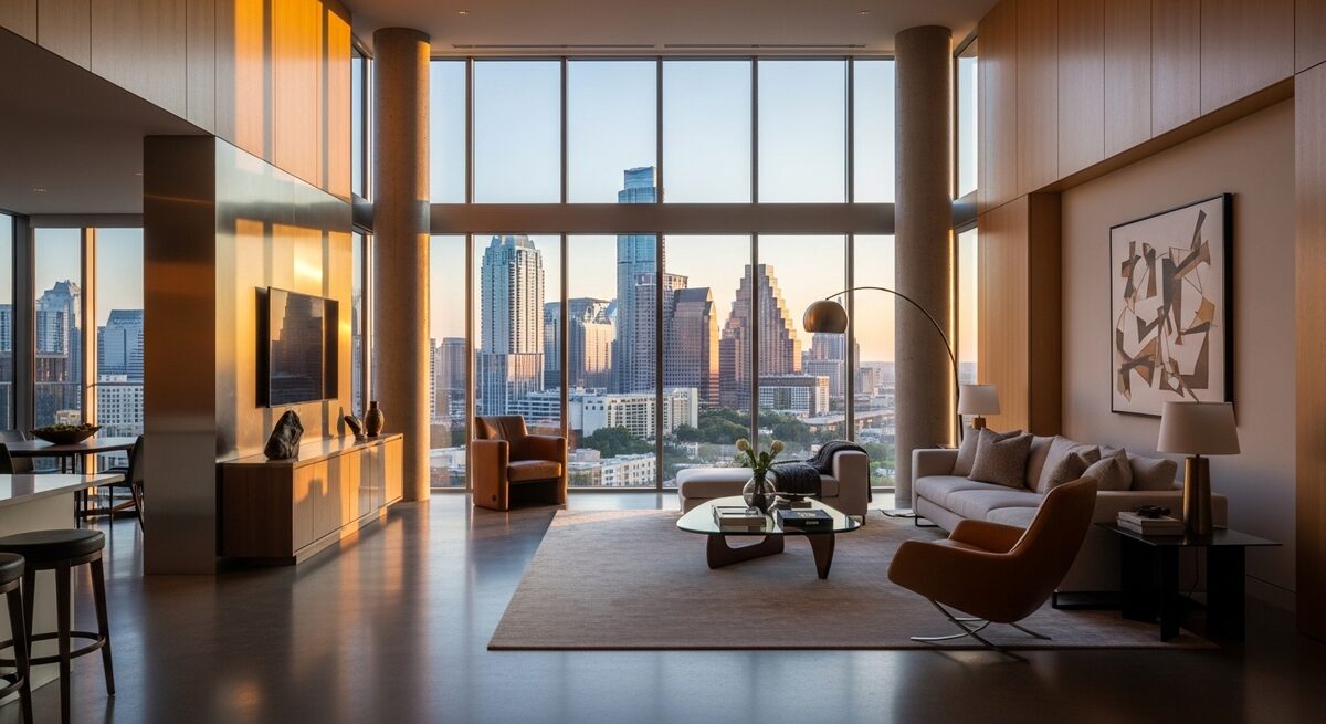 A luxury high-rise apartment building in Austin at dusk