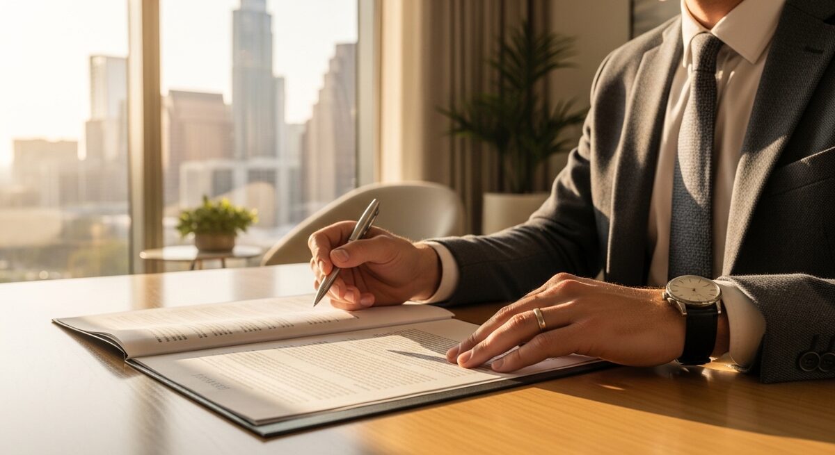 A leasing agent reviewing income and credit requirements with an applicant at a luxury Austin apartment.