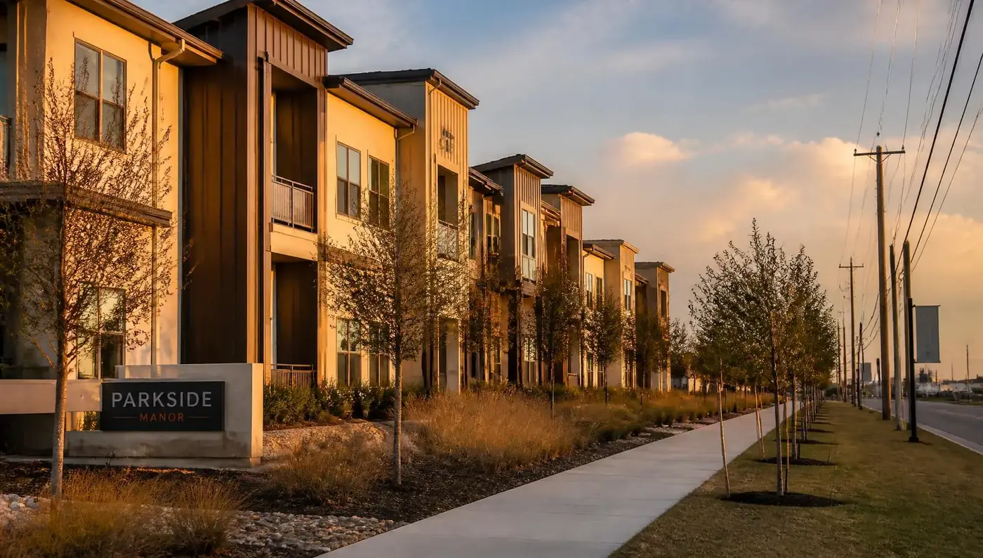 Apartment community in Manor, TX at golden hour