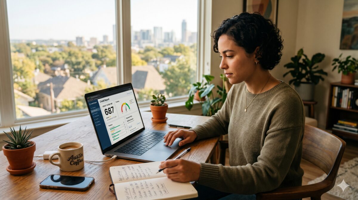 A credit score gauge shown next to apartment application paperwork