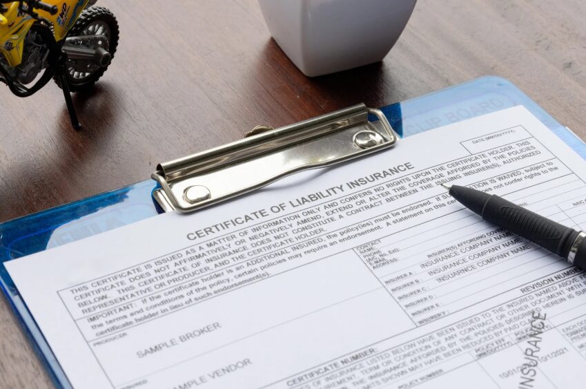A close-up of a Certificate of Liability Insurance form, showing the liability protection included in renters insurance in Texas.