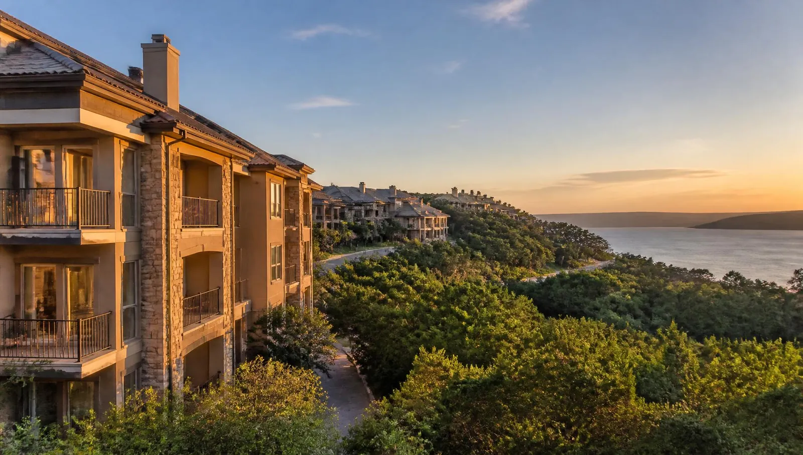 Apartment community in Lakeway, TX at golden hour