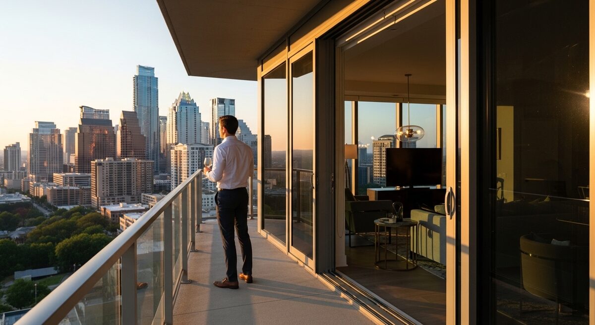 A modern luxury apartment interior with floor-to-ceiling windows overlooking downtown Austin.