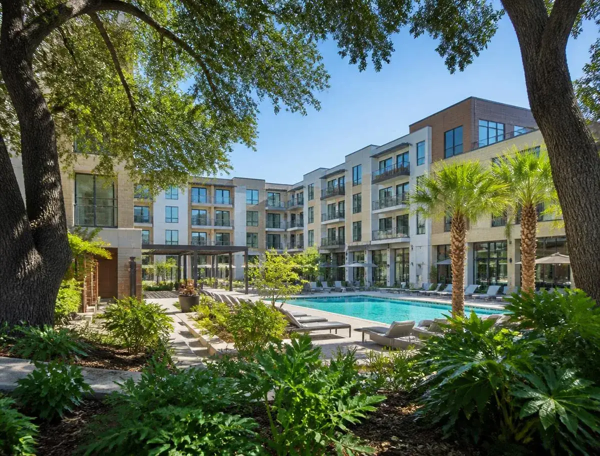 Modern Austin apartment community exterior with studio units