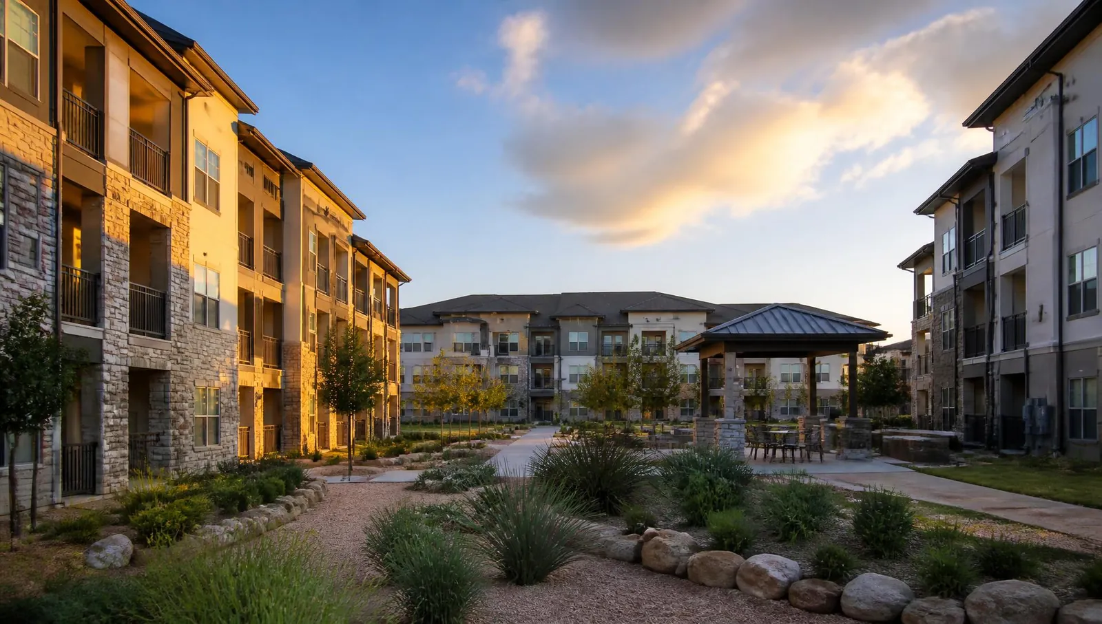 Apartment community in Hutto, TX at golden hour